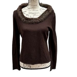 Finite Material Girl Expresso Wool Blend with Removable Fur trim Sweater size L